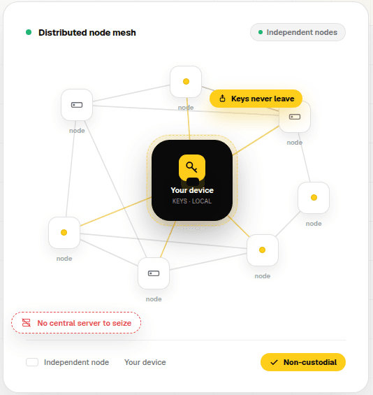 Distributed mesh of independent nodes around your device, where the keys never leave and there is no central server to seize